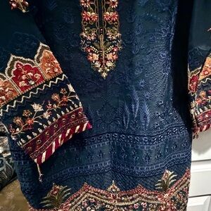 Elegant Navy and Gold Embroidered Midi Dress